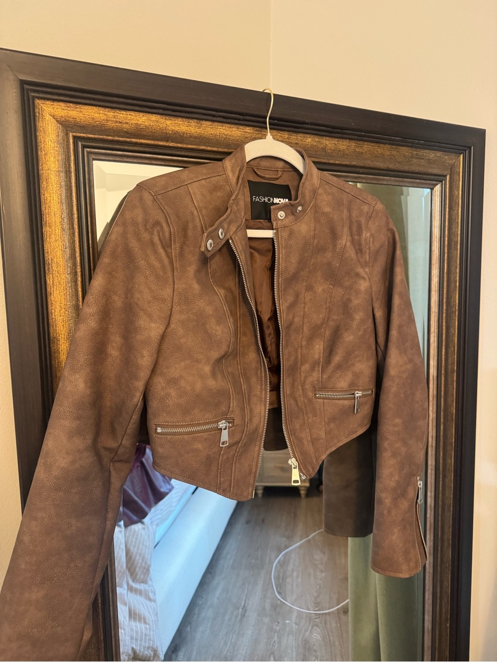 Fashion Nova Brown Faux Suede Cropped Moto Jacket